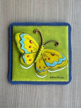 Kathleen Denis Wall Art Plaque 3D Yellow Butterfly on Lime Green Background